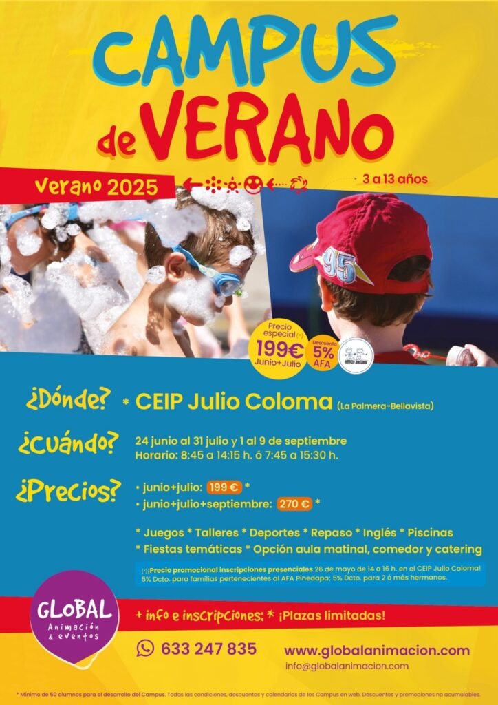 Campamento de Verano en CEIP Julio Coloma (La Palmera-Bellavista) con Global Animación & Eventos